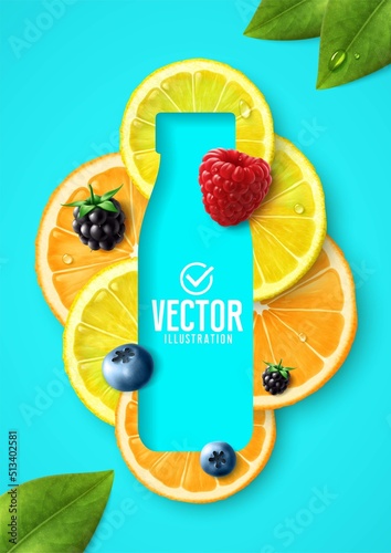 Vector realistic illustration. Glass of fresh fruit juice.