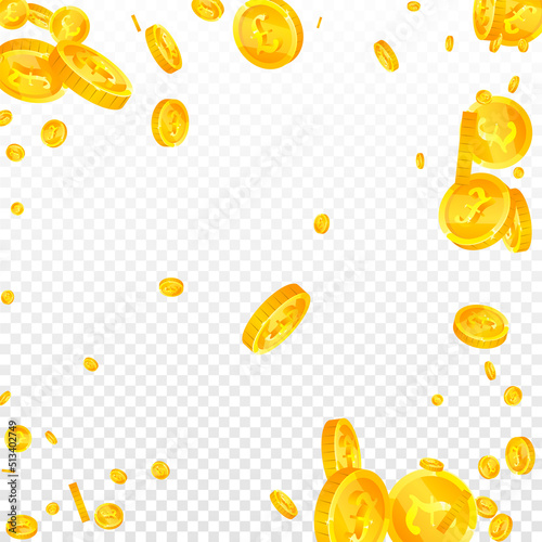 British pound coins falling. Extraordinary scattered GBP coins. United Kingdom money. Worthy jackpot, wealth or success concept. Vector illustration.