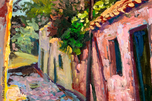 Close-up of vintage oil painting depicting an picturesque alleyway with a street light, stone houses and colorful plants and vegetation.