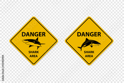 Vector Yellow Shark Sighting Sign Set Isolated. Shark Attack Warning. Danger for Surfing and Swimming. Shark Zone, Area, Caution