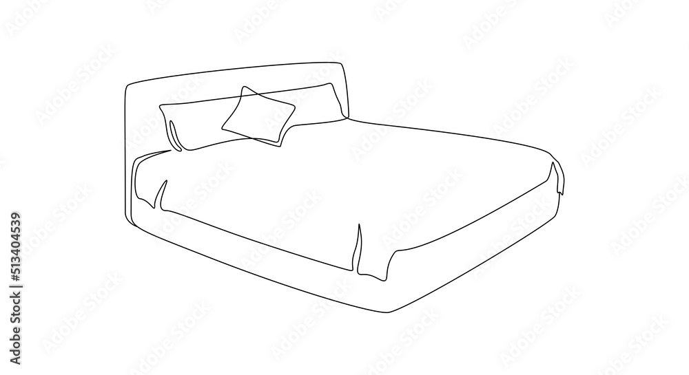 Continuous one line drawing of double bed thin icon. Modern cozy furniture for bedroom in simple linear style. Editable stroke. Doodle vector illustration