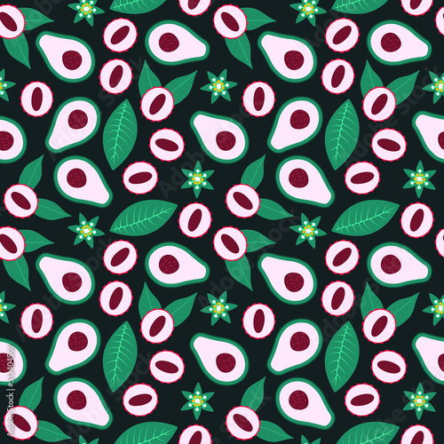 Avocado and lychee seamless pattern. Organic tropical fruits, leaves and flowers isolated on dark background. Cute hand drawn fabric print. Healthy natural food. Flat vector illustration