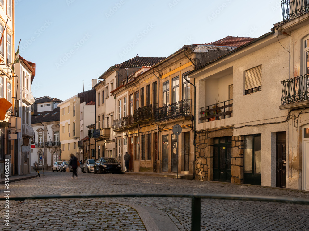 Picturesque townscape of Vila Real overlooking typical narrow streets on warm sunny spring day, Portugal .