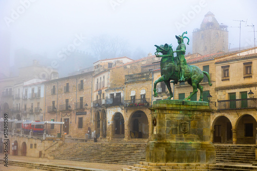 View of Plaza Mayor Square with an equestrian statue of Francisco Pizarro in the morning in Trujillo, Spain