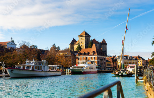 Picturesque view of old French town of Annecy with Thiou river photo