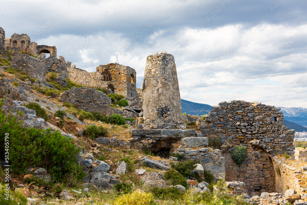 Remains of vaulted stone tombs in Necropolis of Anemurium. Cilicia, close to modern Turkish city of Anamur.