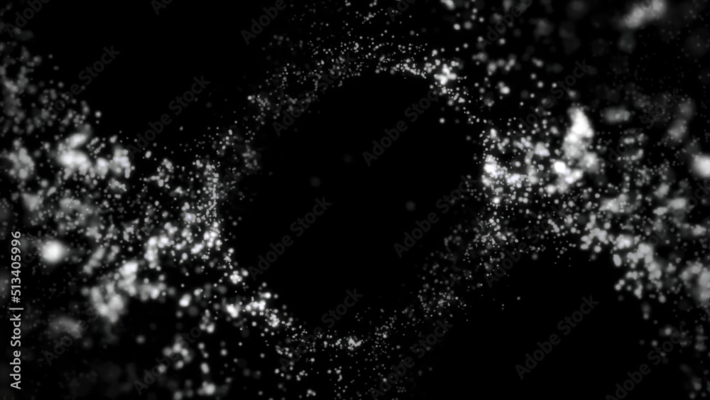Obraz premium Abstract flying, monochrome small dots creating ring on black background. Beautiful, small shining particles formed in circle floating in the dark, black and white.
