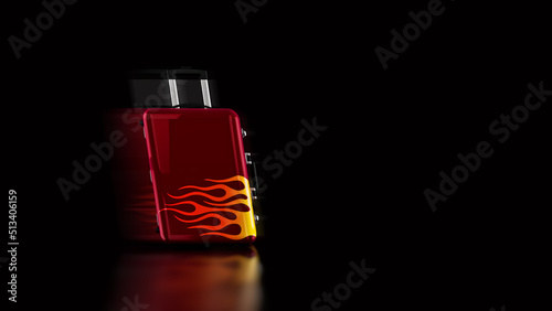 Red roller luggage with flame decal on the move, speeding to travel on vacation or business on black background. 3D illustration rendering in 8k.