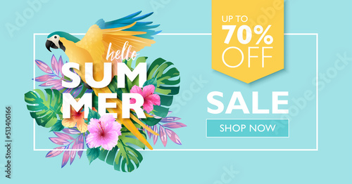 Hello summer sale banner with tropical bird, leaves, and flowers on light blue background. Template for fashion ads, horizontal poster and social media