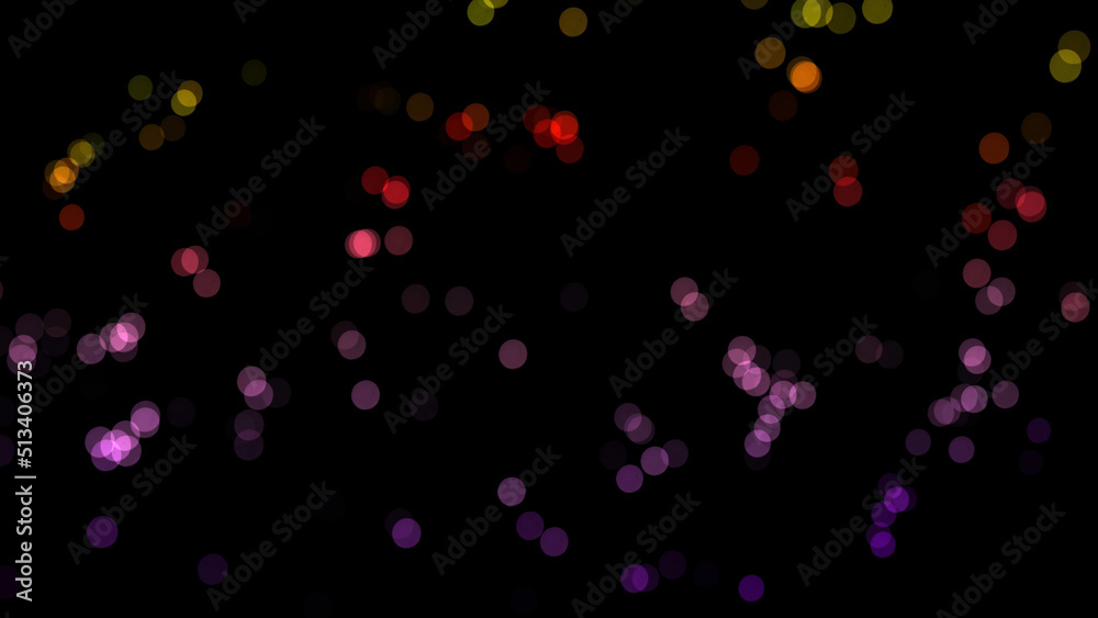 Glittering colorful circles, shiny particles shimmering on black background. Blur small dots blinking, seamless loop.