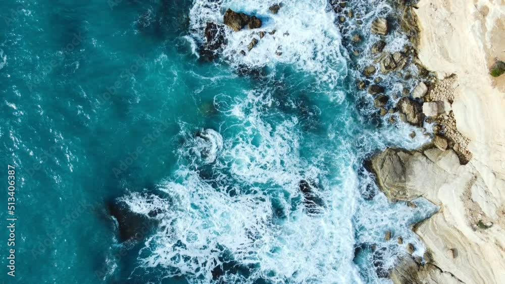 Beautiful Aerial top view landscape, Pure blue ocean water waves crash mountain, Cyprus