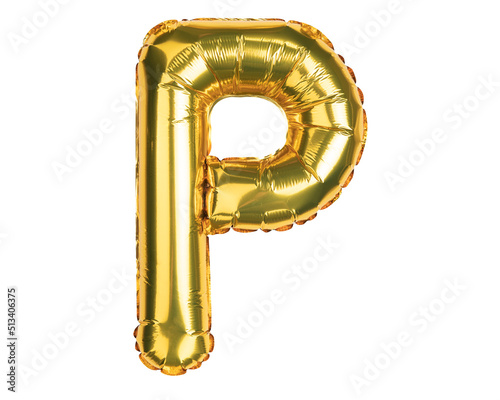 English Alphabet Letters. Letter P. Balloon. Yellow Gold foil helium balloon. Good for party, birthday, greeting card, events, advertising. High resolution photo. Isolated on white background.