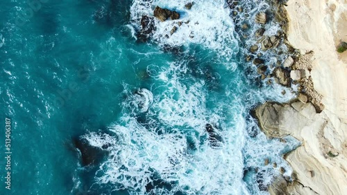 Beautiful Aerial top view landscape, Pure blue ocean water waves crash mountain, Cyprus photo