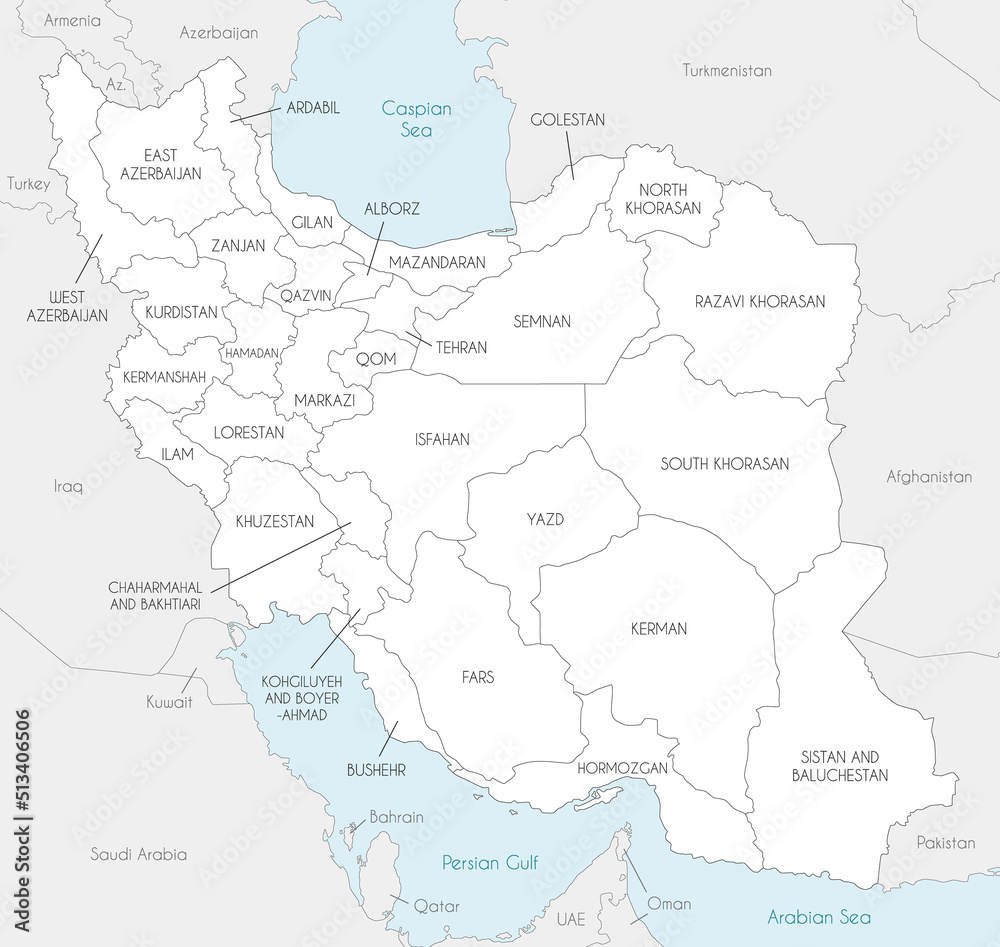 Vector map of Iran with provinces and administrative divisions, and neighbouring countries. Editable and clearly labeled layers.