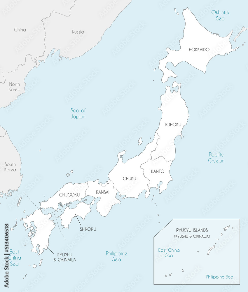 Vector map of Japan with regions and administrative divisions, and neighbouring countries. Editable and clearly labeled layers.