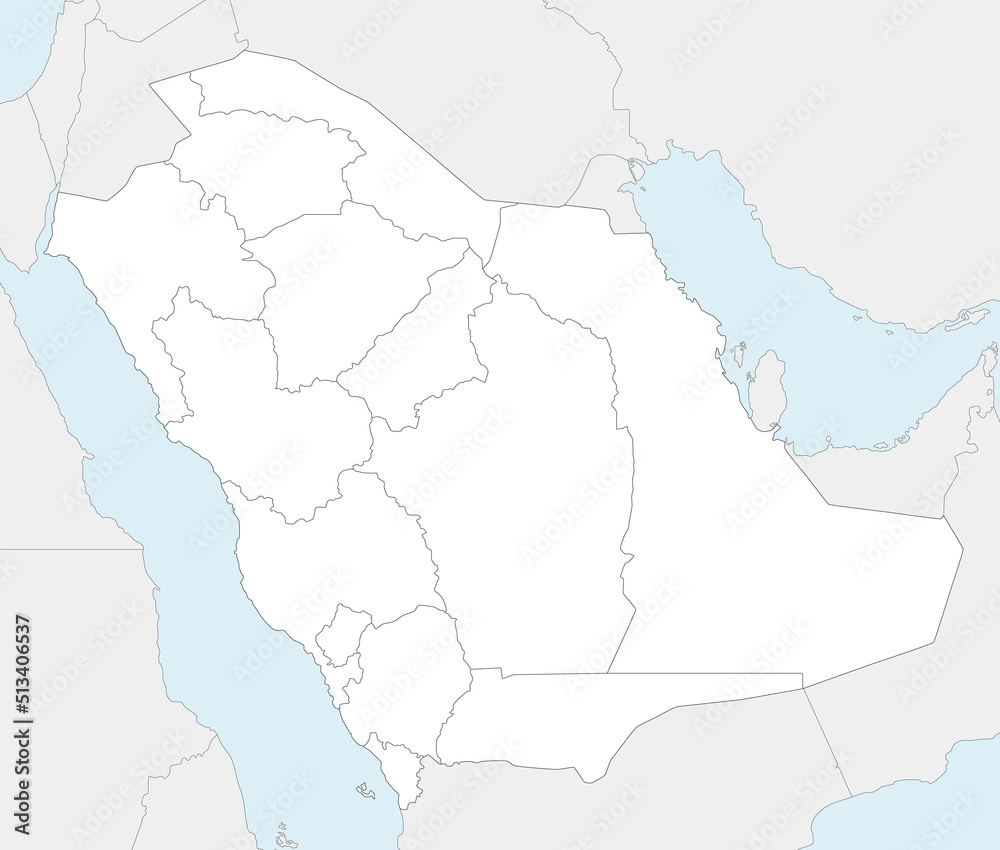 Vector blank map of Saudi Arabia with provinces and administrative divisions, and neighbouring countries. Editable and clearly labeled layers.