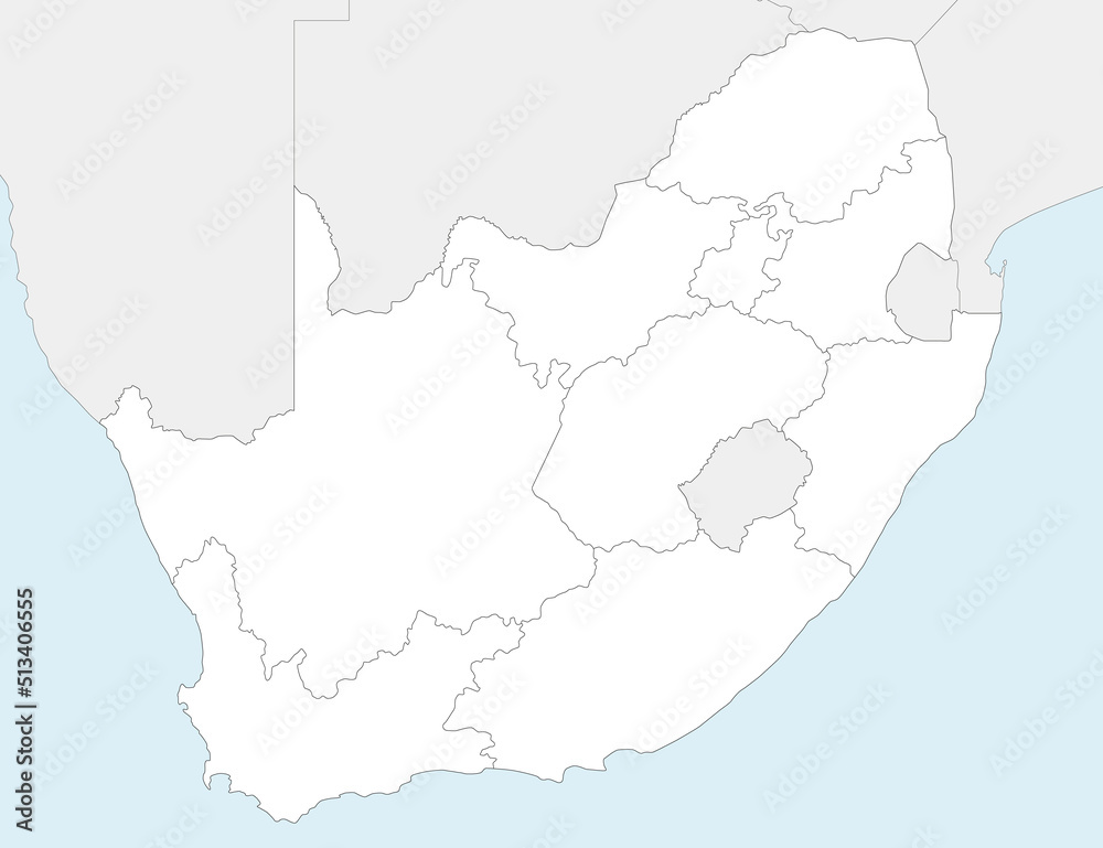 Vector blank map of South Africa with provinces and administrative divisions, and neighbouring countries. Editable and clearly labeled layers.