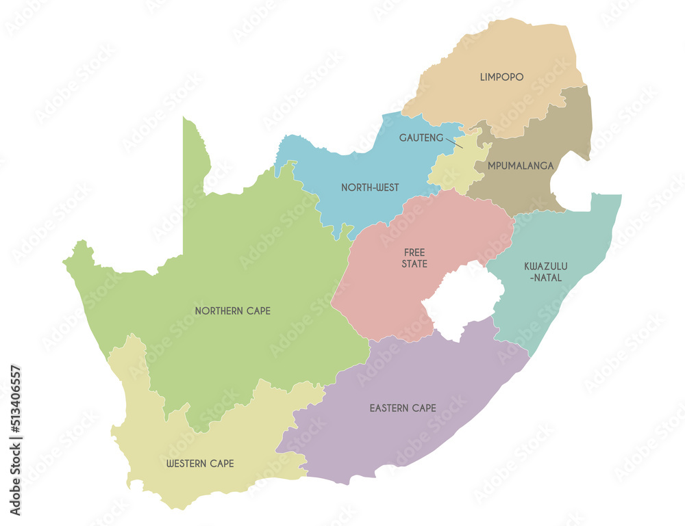 Vector map of South Africa with provinces and administrative divisions. Editable and clearly labeled layers.