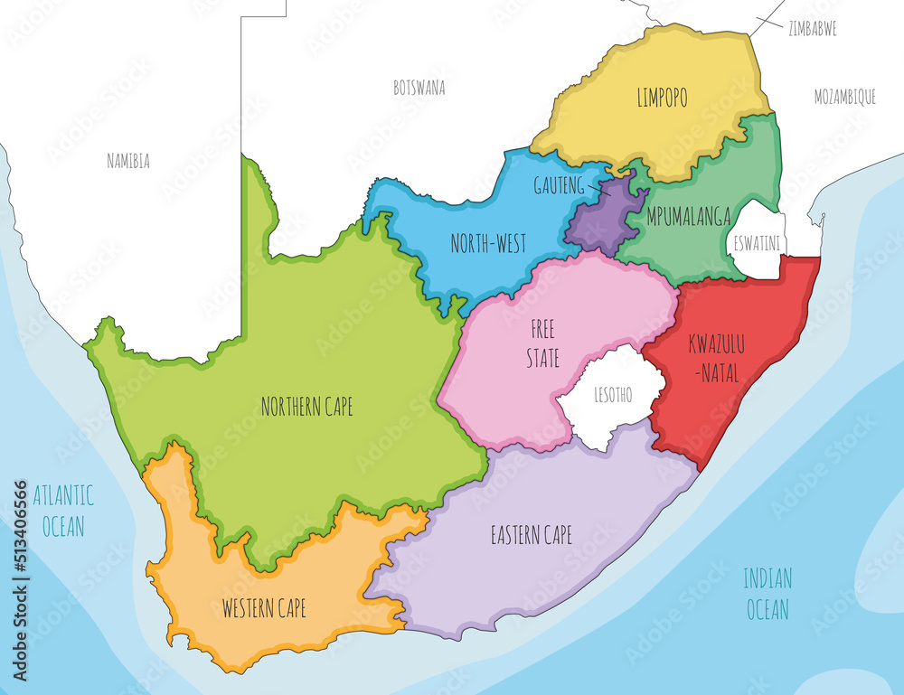 Vector illustrated map of South Africa with provinces and administrative divisions, and neighbouring countries. Editable and clearly labeled layers.
