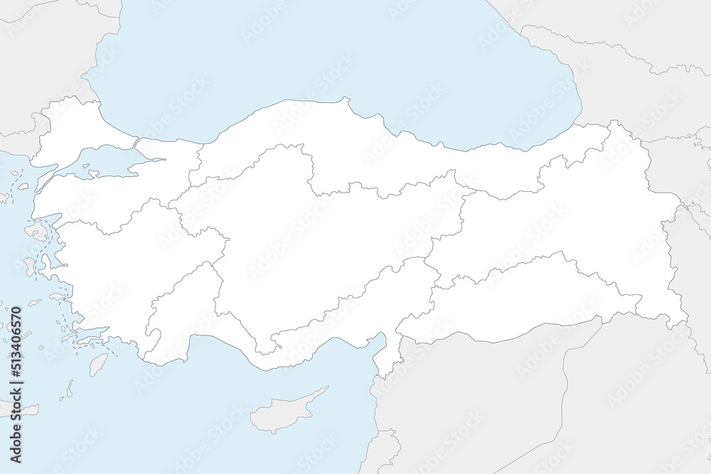 Vector blank map of Turkey with regions and geographical divisions, and neighbouring countries. Editable and clearly labeled layers.