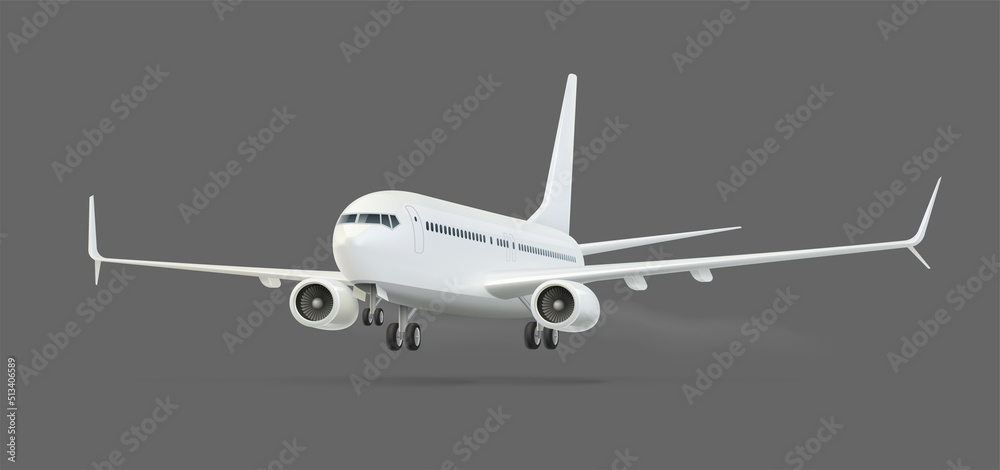 Passenger air vehicle transport airplane for intercontinental flights and travel. Landing aircraft with wings isolated on gray background. Realistic. Gradient mesh used. Eps10 vector illustration. - obrazy, fototapety, plakaty 