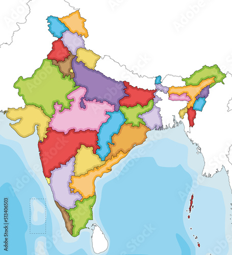 Vector illustrated blank map of India with states and territories and administrative divisions, and neighbouring countries. Editable and clearly labeled layers.