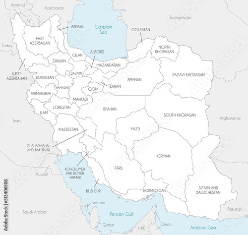 Vector map of Iran with provinces and administrative divisions  and neighbouring countries. Editable and clearly labeled layers.