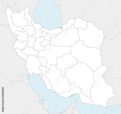 Vector blank map of Iran with provinces and administrative divisions, and neighbouring countries. Editable and clearly labeled layers.