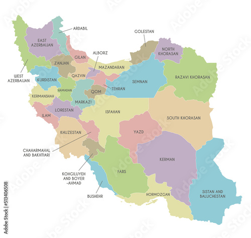 Vector map of Iran with provinces and administrative divisions. Editable and clearly labeled layers.