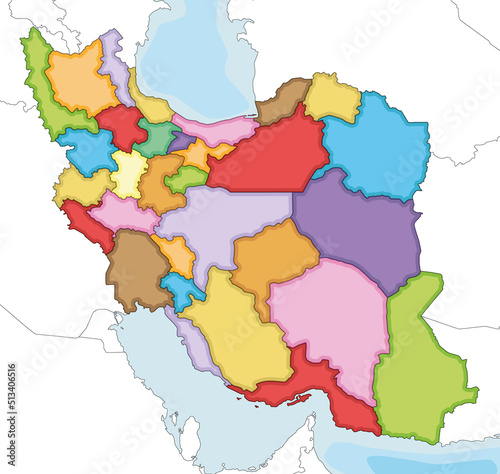 Vector illustrated blank map of Iran with provinces and administrative divisions  and neighbouring countries. Editable and clearly labeled layers.