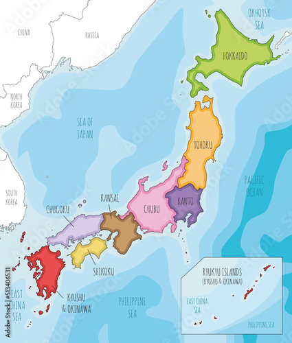 Vector illustrated map of Japan with regions and administrative divisions, and neighbouring countries. Editable and clearly labeled layers.