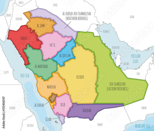Vector illustrated map of Saudi Arabia with provinces and administrative divisions, and neighbouring countries. Editable and clearly labeled layers.