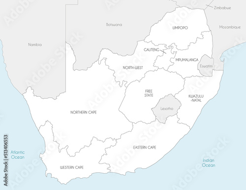 Vector map of South Africa with provinces and administrative divisions, and neighbouring countries. Editable and clearly labeled layers.