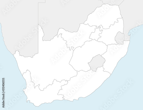 Vector blank map of South Africa with provinces and administrative divisions, and neighbouring countries. Editable and clearly labeled layers.
