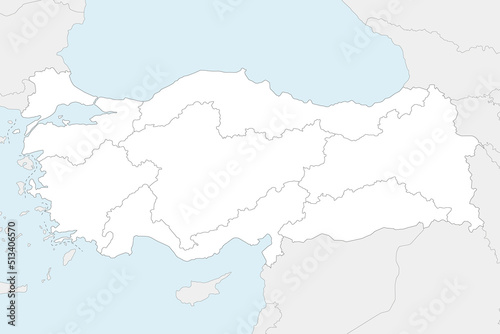 Vector blank map of Turkey with regions and geographical divisions, and neighbouring countries. Editable and clearly labeled layers.