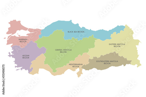 Vector map of Turkey with regions and geographical divisions. Editable and clearly labeled layers.
