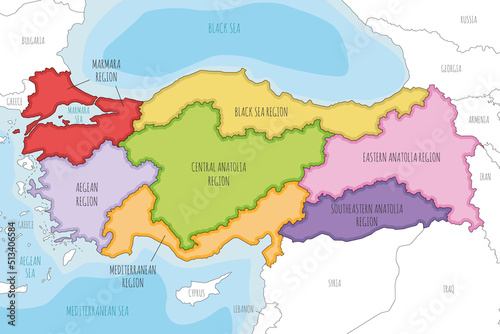 Vector illustrated map of Turkey with regions and geographical divisions, and neighbouring countries. Editable and clearly labeled layers.