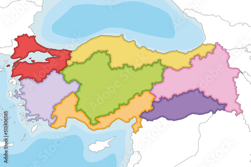 Vector illustrated blank map of Turkey with regions and geographical divisions, and neighbouring countries. Editable and clearly labeled layers.