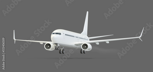 Passenger air vehicle transport airplane for intercontinental flights and travel. Landing aircraft with wings isolated on gray background. Realistic. Gradient mesh used. Eps10 vector illustration.