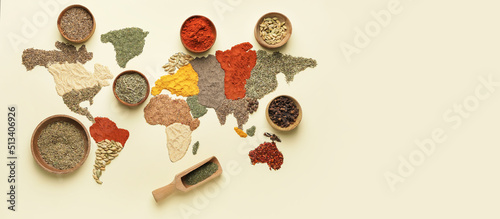World map made of spices on light background with space for text