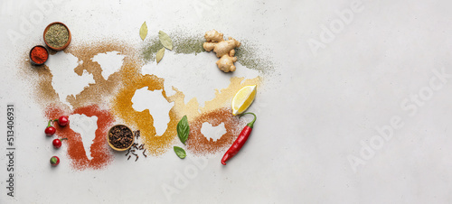 Fototapeta Naklejka Na Ścianę i Meble -  World map made of spices on light background with space for text