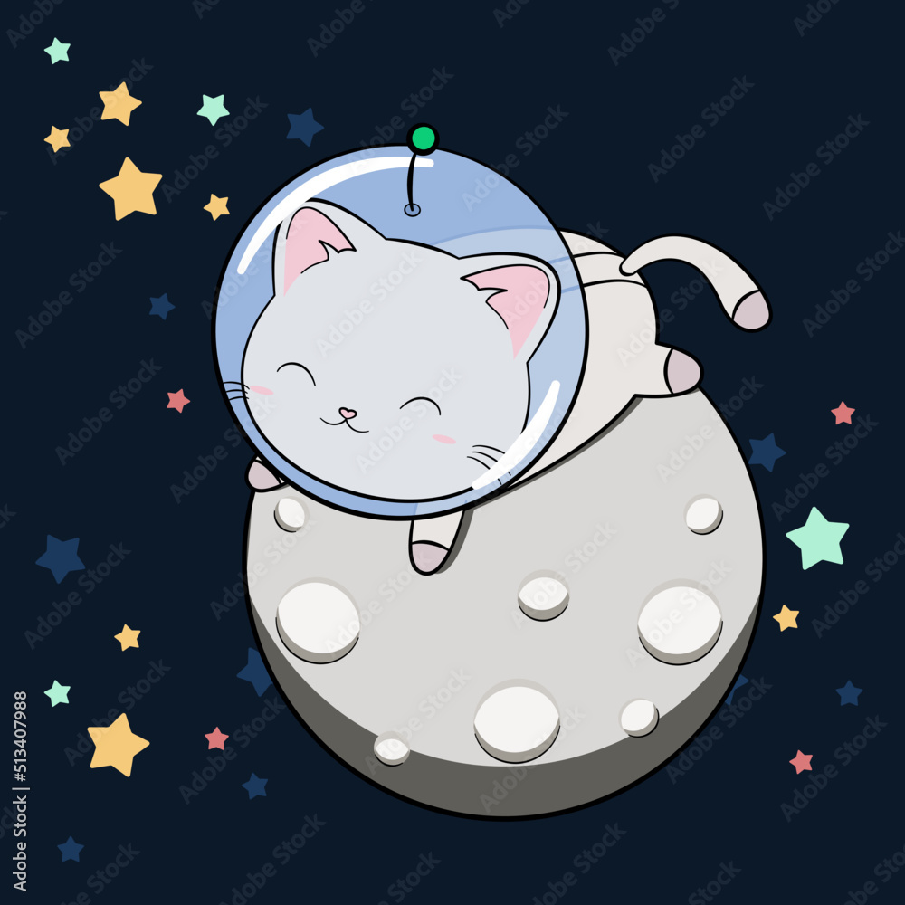 Kosmiczny kotek w kasku i skafandrze na księżycu. Kot astronauta leżący na srebrnej planecie. Zabawny i uroczy kot, zwierzę dla dzieci. Kotek w kosmosie. Ilustracja wektorowa. - obrazy, fototapety, plakaty 