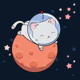 Kosmiczny kotek w kasku i skafandrze na Marsie. Kot astronauta leżący na czerwonej planecie. Zabawny i uroczy kot, zwierzę dla dzieci. Kotek w kosmosie. Ilustracja wektorowa.
