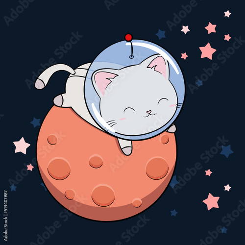 Plakat Kosmiczny kotek w kasku i skafandrze na Marsie. Kot astronauta leżący na czerwonej planecie. Zabawny i uroczy kot, zwierzę dla dzieci. Kotek w kosmosie. Ilustracja wektorowa.