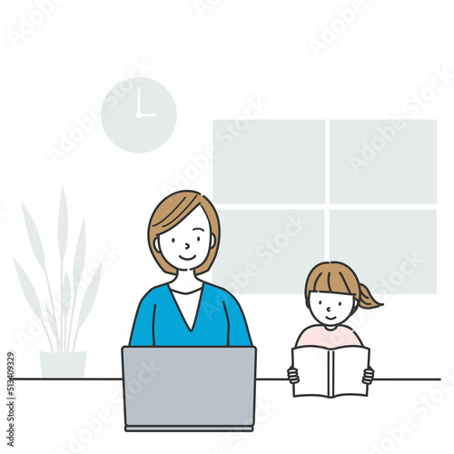 自宅でリモートワークをする母親と隣で本を読む女の子