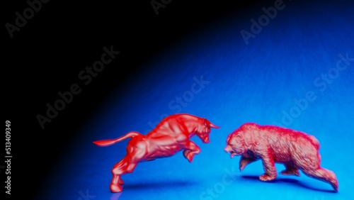 Red painted bull and bear sculpture staring at each other in dramatic contrasting light representing financial market trends under black-blue background. Concept images of stock market. 3D CG.