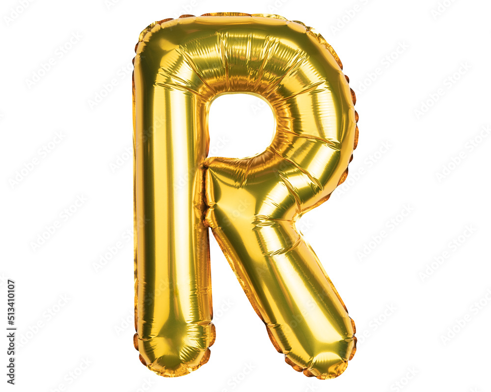 English Alphabet Letters. Letter R. Balloon. Yellow Gold foil helium balloon. Good for party, birthday, greeting card, events, advertising. High resolution photo. Isolated on white background.