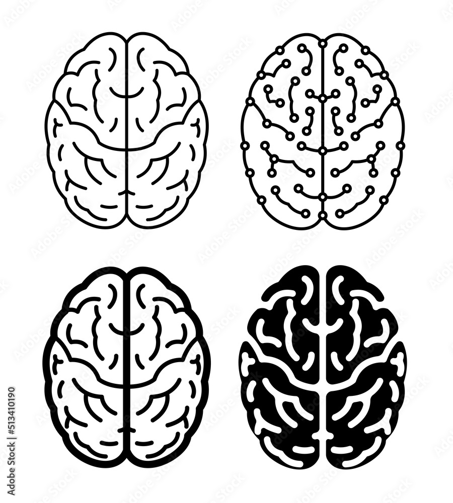 brain icon set black line design, digital style, black silhouette brain icon set black line design, digital style, black silhouette