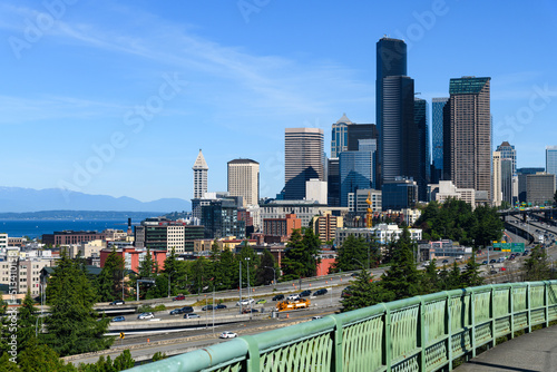 Cityscape of Seattle looking north towards the city from the Dr Jose P. Rizal Bridge with skyscapers and Interstate 5 in June 2022 © IanDewarPhotography