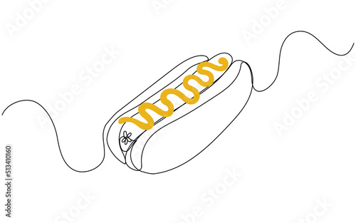 Continuous one line drawing of hot dog. Concept of fast food cafe, restaurant, shop or food delivery service. Vector illustration